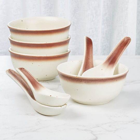 Buy Beautiful Kitchen Studio Pottery Stoneware Soup Bowl With Spoon Set of 4  in Beige Colour Online at Best Price-HomeTown