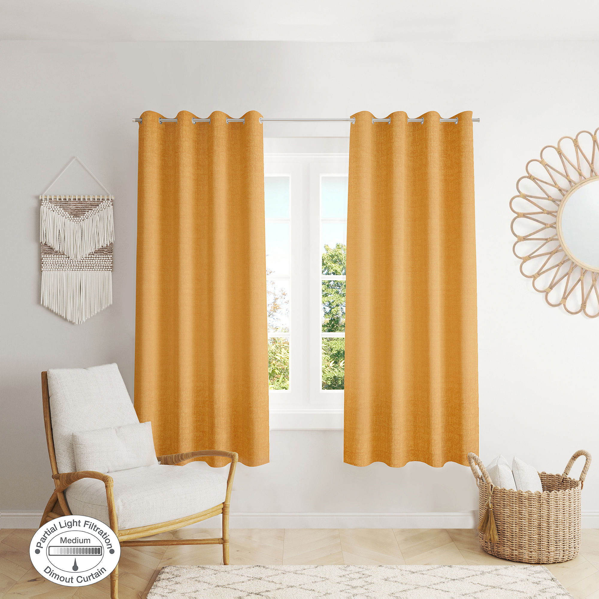 Nora Set of 2 Solid Jacquard Dim Out Window Curtains 5 Feet in Mustard Colour