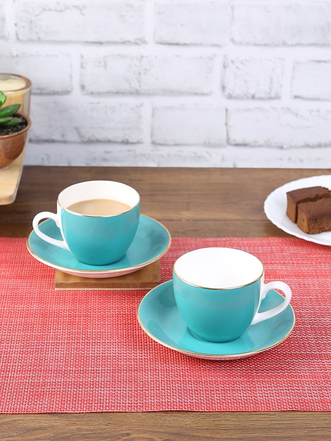 Bahamas Ceramic Cup & Saucer Set Of 12 220 Ml in Teal Colour