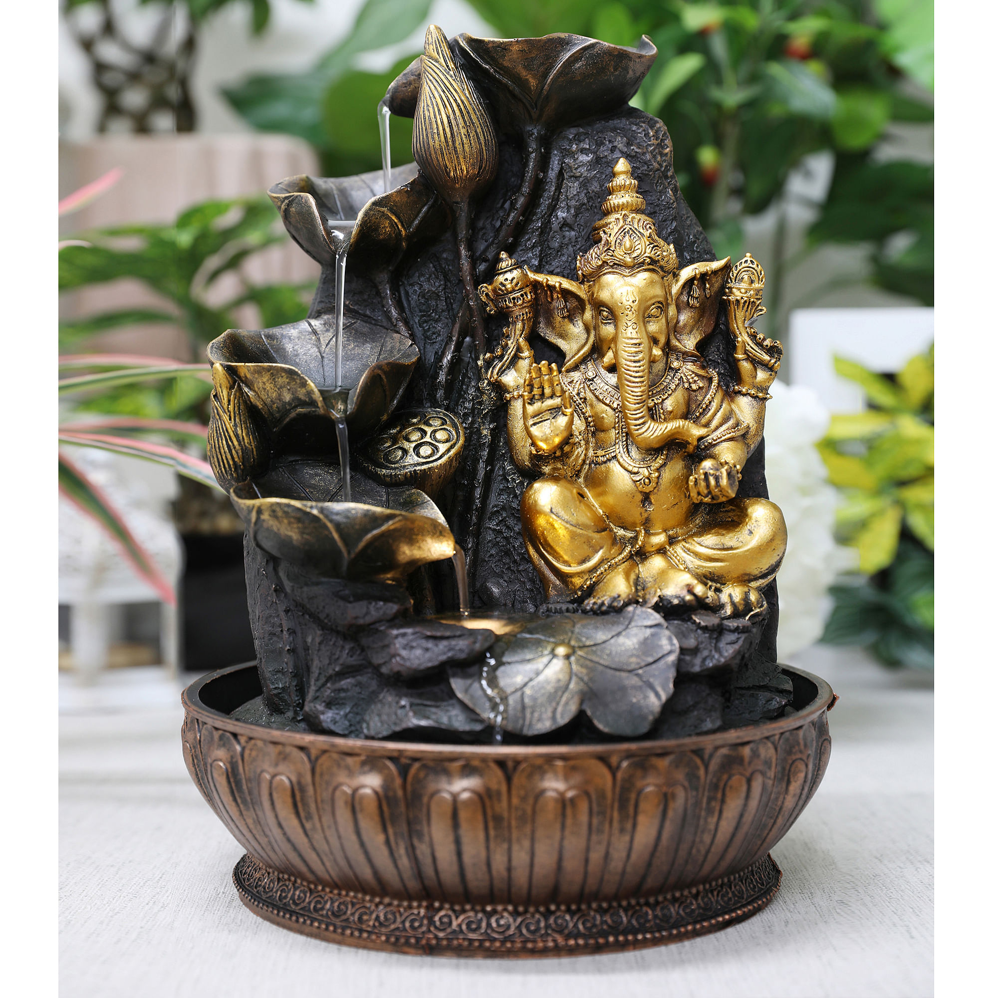 Impression Ganesha Polyresin Fountain in Brown & Gold Colour