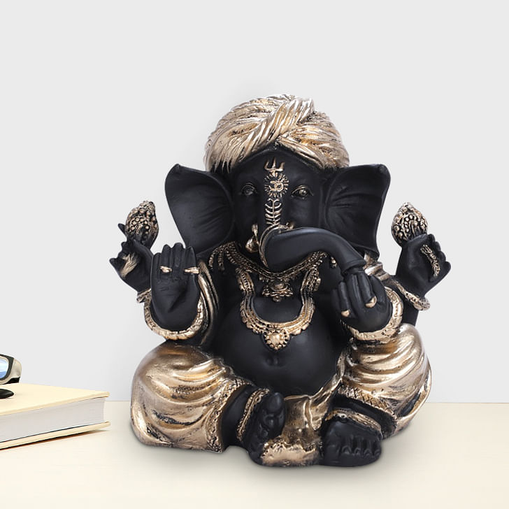Fio Polyresin Sitting Ganesha Figurine Small in Black-Gold Colour