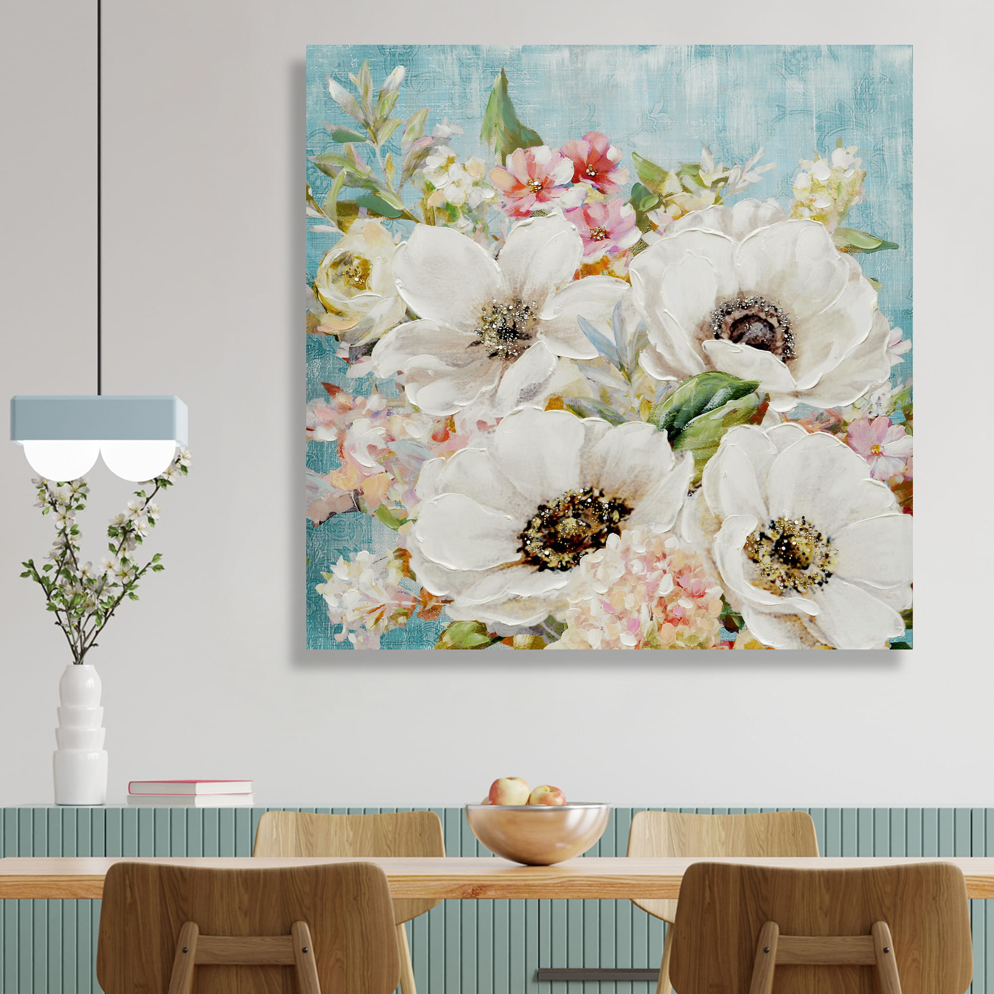 Ilona  Fancy Flowers  Handmade Canvas Painting With Glitter 100x100 Cm in White Colour