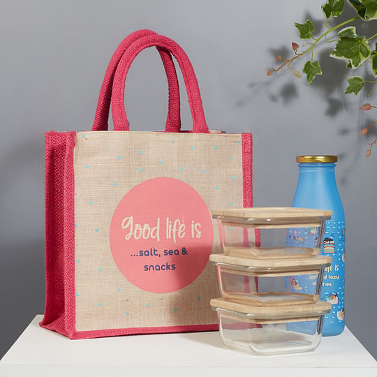Good Life Jute Reversible Salt, Sea & Snack Printed Lunch Bag 25.5 x 25.5  Cm in Pink Colour