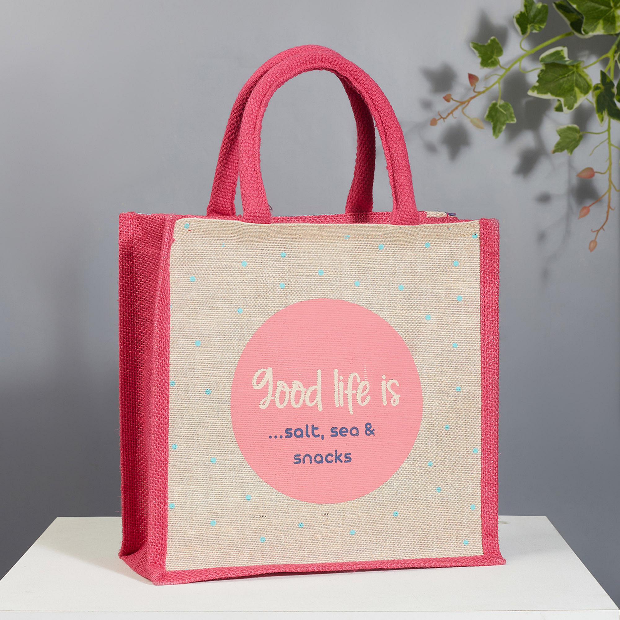 Jute Bags for Office, Lunch Bag, Bags for Girls – Zip, Bottle Holder –  Polka Design (Beige) - Pack of 1
