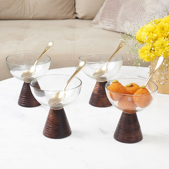 Buy Nelumbra Metal, Glass and Wood Dessert Bowl Set in Transparent