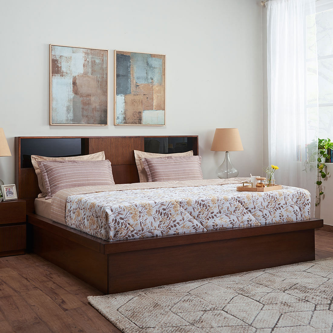 Mystique Solidwood King bed with Hydraulic storage in Walnut Colour