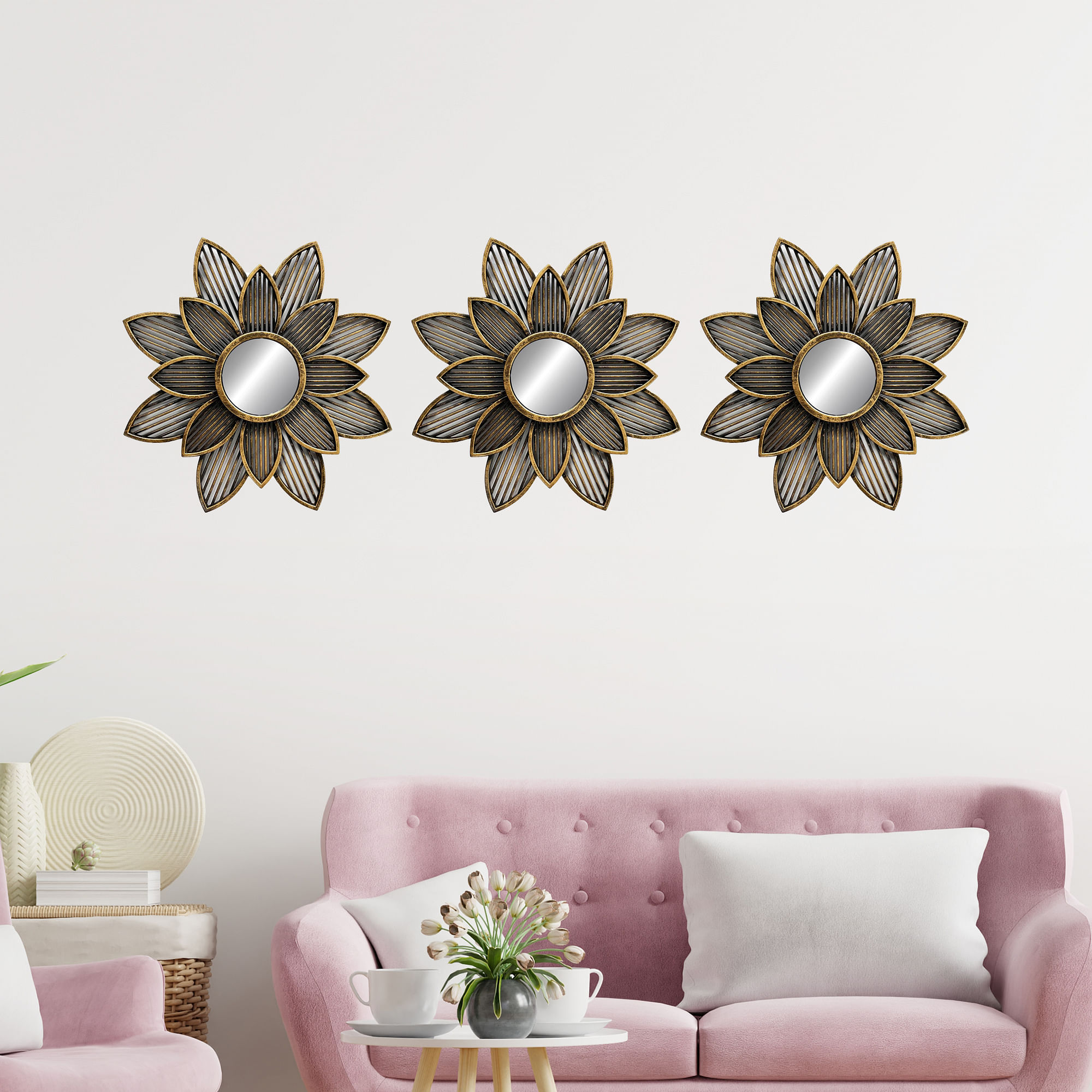 Mirage  Floral Decorative Mirrors, Set of 3pc Dia 25cm in Gold Colour