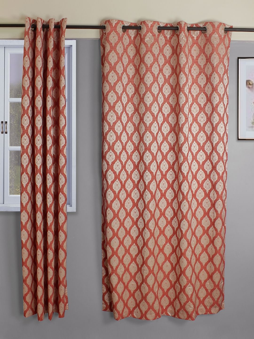 Amour Set Of 2 Jacquard Dim Out Door Curtains 7 Feet in Rust Colour
