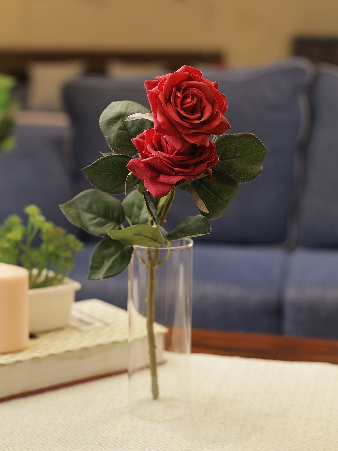 Marbella Polyester Artificial Rose Stem in Red Colour